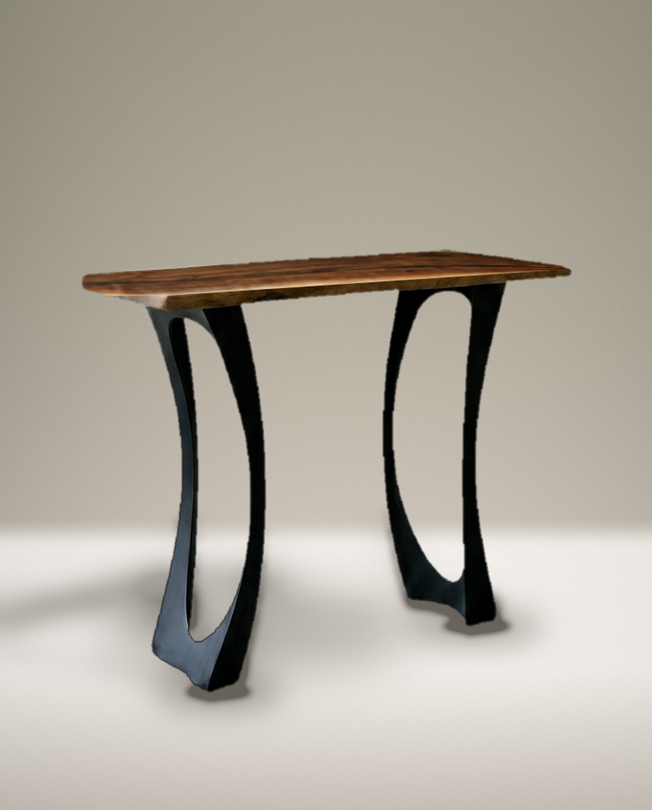 The Apponaug Plant Stand, black walnut top with epoxy inlay on a sculpted black steel base, photographed against a warm gray studio wall