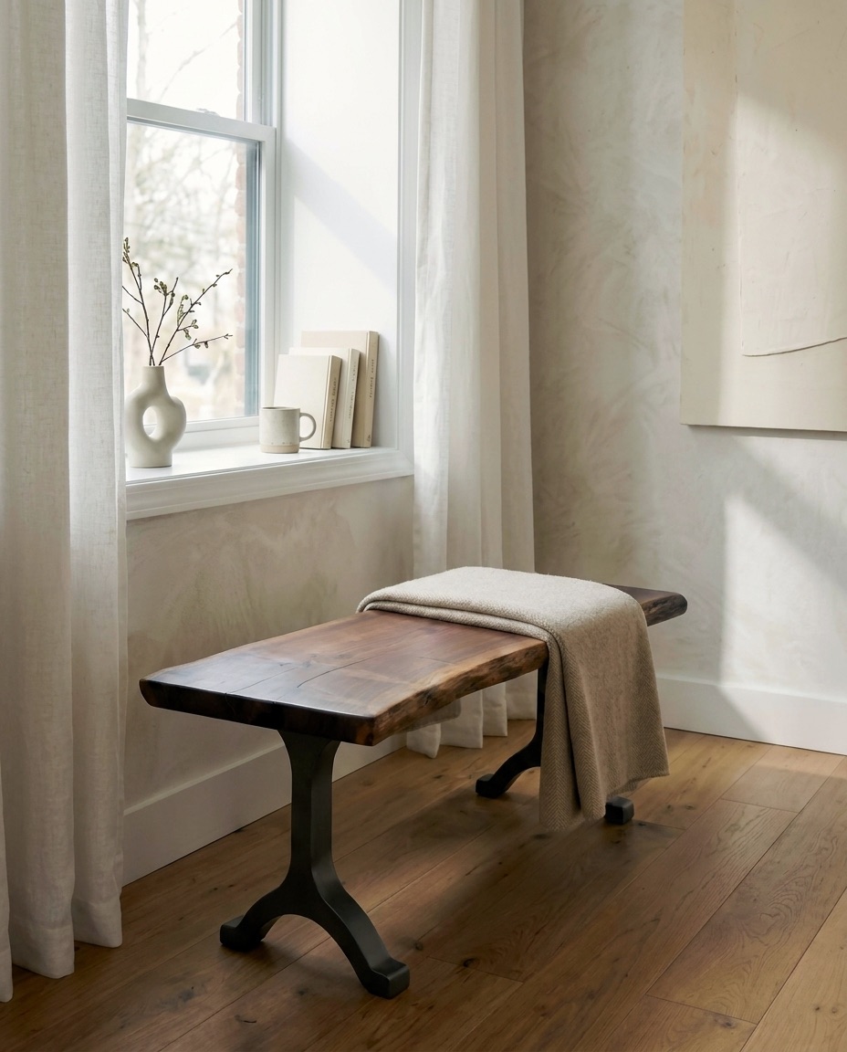 The Jamestown Bench beneath a window, with a folded throw over one end