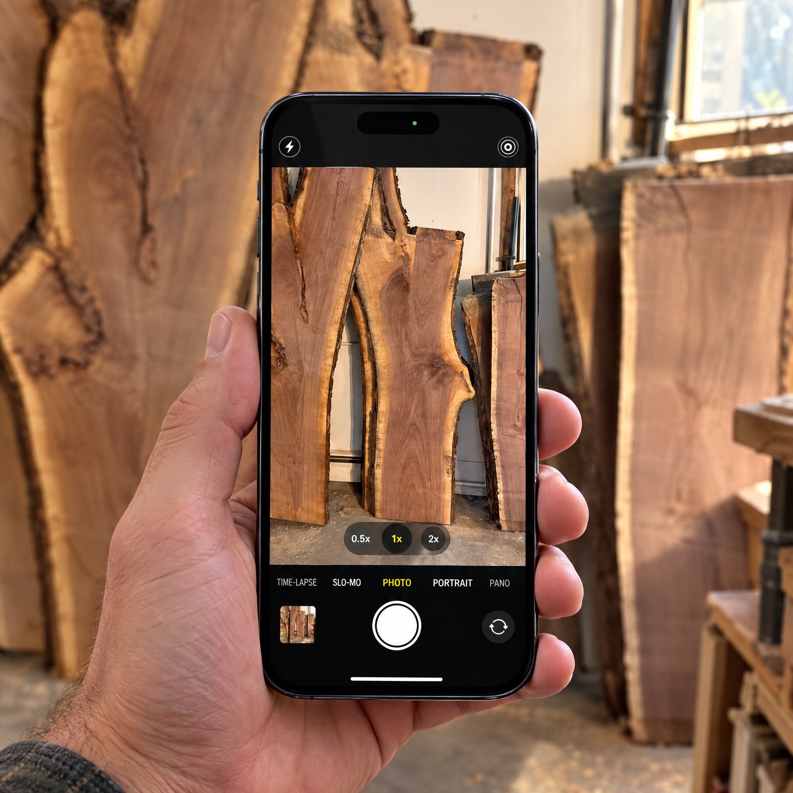 A phone camera framing a stack of live edge walnut slabs in the shop, the photos I send for your approval.