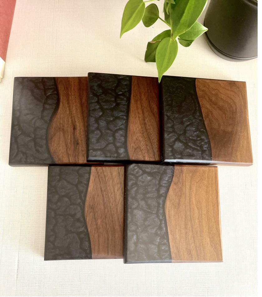 Walnut and black epoxy coaster set