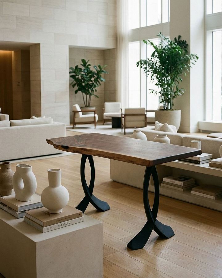 The Blackstone Console Table in a bright, high-ceilinged living space with limestone walls and large windows